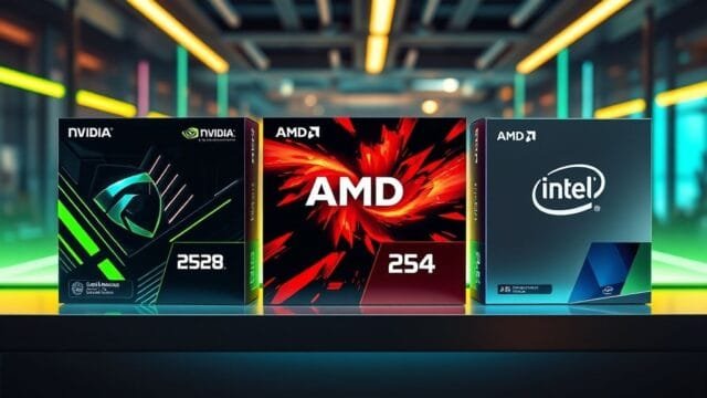 Best Graphics Cards 2025: Your Ultimate Buying Guide Three distinct graphics card boxes labeled Nvidia, AMD, and Intel, symbolizing market competition