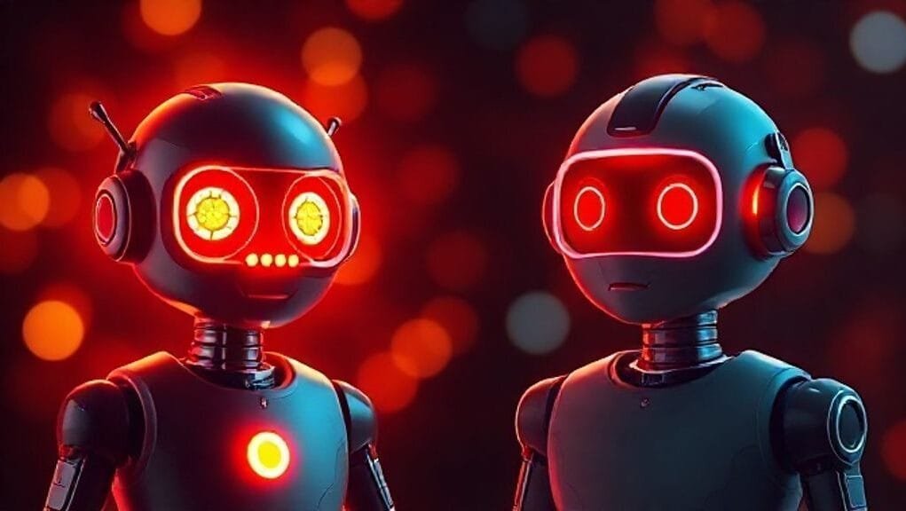 Two AI chatbots represented by distinct glowing interfaces, one with a quirky, dynamic appearance (Grok) and the other with a sleek, professional look (ChatGPT).