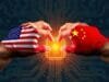 Global Technology War: Reshaping Geopolitics and Future Conflicts Two hands, one with a US flag and one with a Chinese flag, reaching for a glowing circuit board, symbolizing the global technology war.