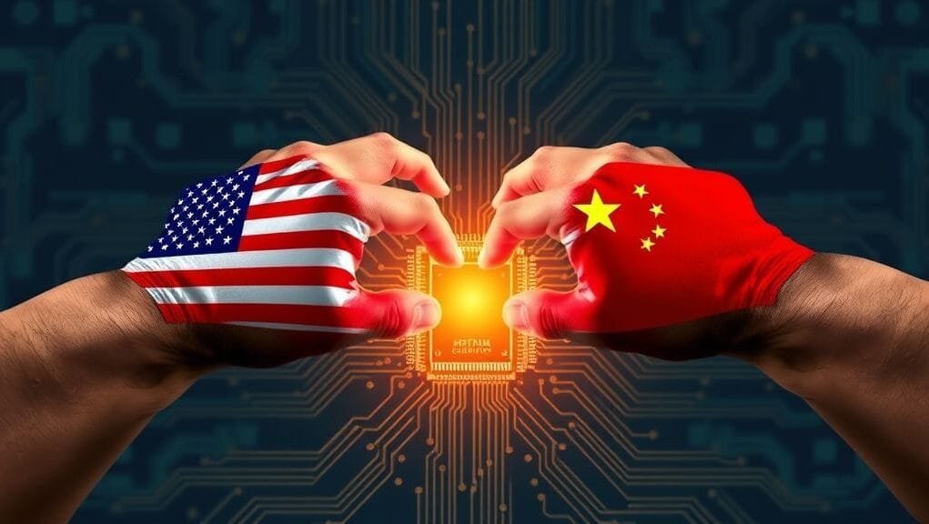Two hands, one with a US flag and one with a Chinese flag, reaching for a glowing circuit board, symbolizing the global technology war.