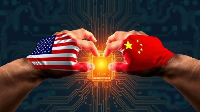 Global Technology War: Reshaping Geopolitics and Future Conflicts Two hands, one with a US flag and one with a Chinese flag, reaching for a glowing circuit board, symbolizing the global technology war.