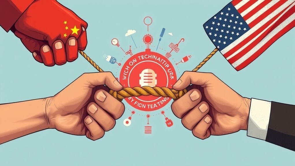 Two hands representing China and the US engaged in a technological tug-of-war, with tech symbols between them Two hands representing China and the US engaged in a technological tug-of-war, with tech symbols between them
