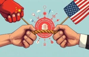 China vs US Technology: The Global Tech Race Unpacked Two hands representing China and the US engaged in a technological tug-of-war, with tech symbols between them