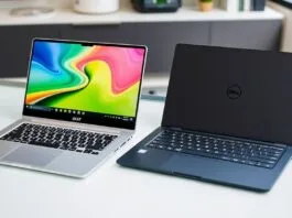 Two sleek laptops, one silver Acer Swift Go 16 with a vibrant display and one dark grey Dell 14 Plus from an angled perspective, side by side on a modern desk.