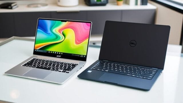 Acer Swift Go 16 (2025) vs. Dell 14 Plus (2025): The Ultimate Pick Two sleek laptops, one silver Acer Swift Go 16 with a vibrant display and one dark grey Dell 14 Plus from an angled perspective, side by side on a modern desk.