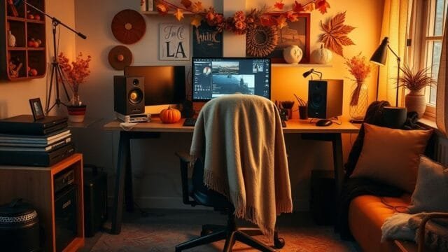 cozy fall workspace gear: Autumn Comfort & Focus A beautifully arranged cozy fall workspace gear setup featuring warm lighting, fall decor, and a soft blanket draped over an ergonomic chair.