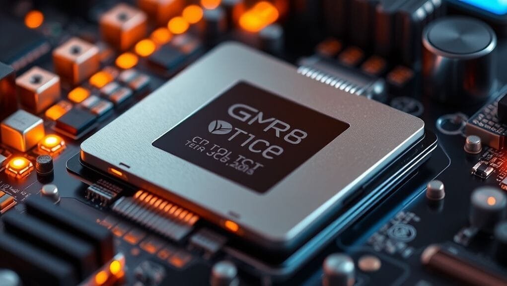 A close-up of a modern CPU chip, essential for the **best CPU for coding 2025**, on a motherboard with glowing components, symbolizing high performance.