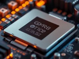A close-up of a modern CPU chip, essential for the **best CPU for coding 2025**, on a motherboard with glowing components, symbolizing high performance.