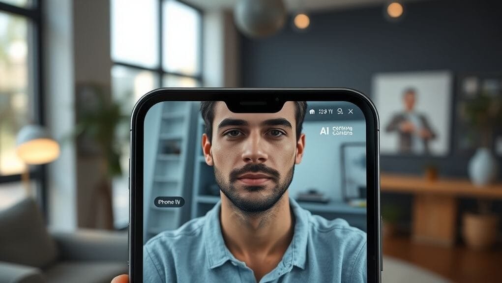 A close-up, photorealistic image of an iPhone 17's front screen during a video call, showcasing the iPhone Center Stage features. A person's face is perfectly centered and dynamically framed, even as they appear to be moving slightly, with subtle UI elements indicating the active AI camera. The background is a modern home office. A close-up, photorealistic image of an iPhone 17's front screen during a video call, showcasing the iPhone Center Stage features. A person's face is perfectly centered and dynamically framed, even as they appear to be moving slightly, with subtle UI elements indicating the active AI camera. The background is a modern home office.
