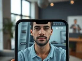 A close-up, photorealistic image of an iPhone 17's front screen during a video call, showcasing the iPhone Center Stage features. A person's face is perfectly centered and dynamically framed, even as they appear to be moving slightly, with subtle UI elements indicating the active AI camera. The background is a modern home office.