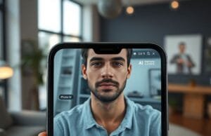 iPhone Center Stage features: Unlock AI Auto-Framing A close-up, photorealistic image of an iPhone 17's front screen during a video call, showcasing the iPhone Center Stage features. A person's face is perfectly centered and dynamically framed, even as they appear to be moving slightly, with subtle UI elements indicating the active AI camera. The background is a modern home office.