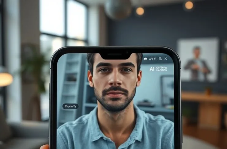 A close-up, photorealistic image of an iPhone 17's front screen during a video call, showcasing the iPhone Center Stage features. A person's face is perfectly centered and dynamically framed, even as they appear to be moving slightly, with subtle UI elements indicating the active AI camera. The background is a modern home office.