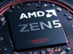 Threadripper PRO 9000 review – Zen 5 Workstation Dominance A close-up render of an AMD Zen 5 CPU die, highlighting intricate circuitry and core structures.