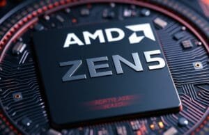 Threadripper PRO 9000 review – Zen 5 Workstation Dominance A close-up render of an AMD Zen 5 CPU die, highlighting intricate circuitry and core structures.