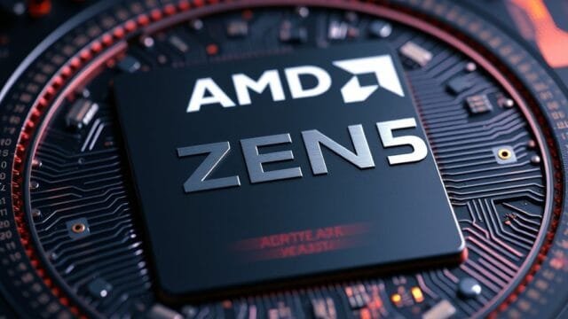 Threadripper PRO 9000 review – Zen 5 Workstation Dominance A close-up render of an AMD Zen 5 CPU die, highlighting intricate circuitry and core structures.