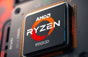 CES 2025 AI PC hardware: Top Innovations Revealed! A close-up shot of the AMD Ryzen 9 9950X3D processor chip, highlighting its packaging and branding, possibly with a subtle glow, as a prime example of CES 2025 AI PC hardware.