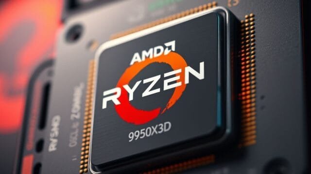 CES 2025 AI PC hardware: Top Innovations Revealed! A close-up shot of the AMD Ryzen 9 9950X3D processor chip, highlighting its packaging and branding, possibly with a subtle glow, as a prime example of CES 2025 AI PC hardware.