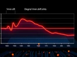 A detailed diagram illustrating the concept of Vmin shift over time in a CPU, showing a voltage line gradually increasing above the stable operating range, leading to instability.