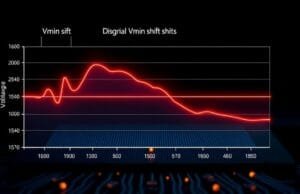 Intel 14th Gen stability fix 2025: Fully Resolved? Guide A detailed diagram illustrating the concept of Vmin shift over time in a CPU, showing a voltage line gradually increasing above the stable operating range, leading to instability.