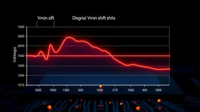 Intel 14th Gen stability fix 2025: Fully Resolved? Guide A detailed diagram illustrating the concept of Vmin shift over time in a CPU, showing a voltage line gradually increasing above the stable operating range, leading to instability.