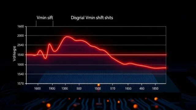 A detailed diagram illustrating the concept of Vmin shift over time in a CPU, showing a voltage line gradually increasing above the stable operating range, leading to instability.