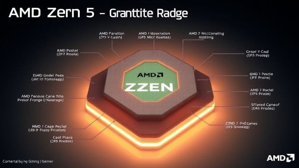 A detailed diagram showing the AMD Zen 5 "Granite Ridge" microarchitecture with stacked 3D V-Cache technology, key to the Zen 5 gaming CPU performance, highlighted