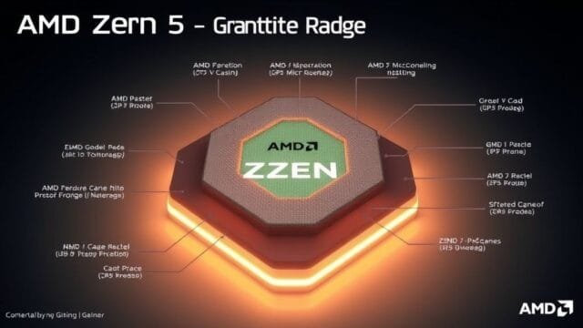 AMD 9800X3D gaming review: Is It Your 2025 CPU Champion? A detailed diagram showing the AMD Zen 5 "Granite Ridge" microarchitecture with stacked 3D V-Cache technology, key to the Zen 5 gaming CPU performance, highlighted