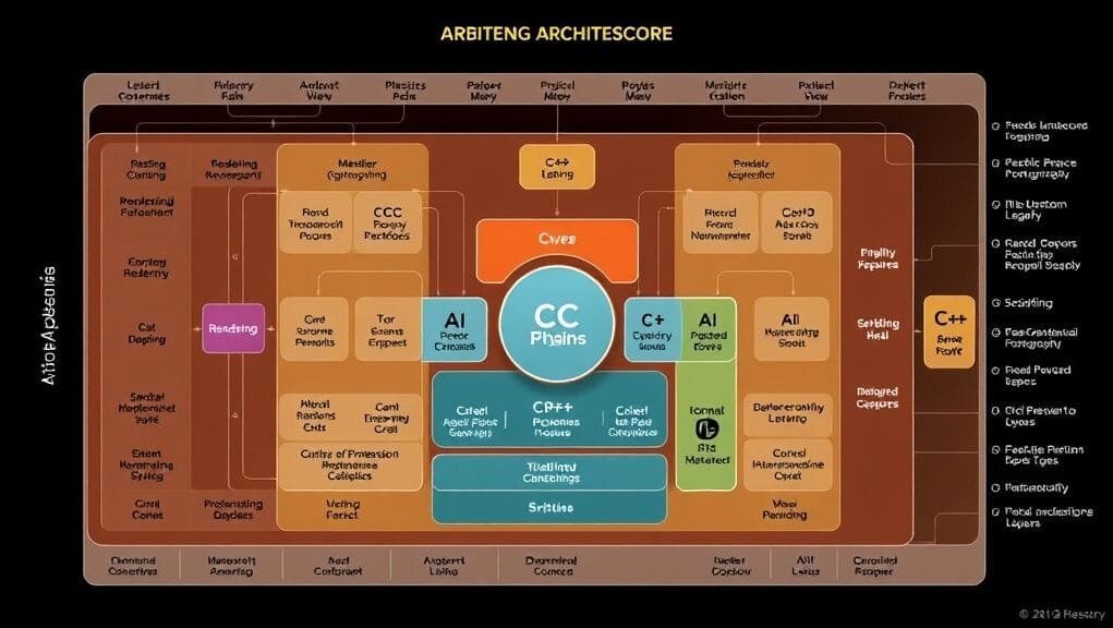 A detailed schematic diagram of a game engine architecture highlighting core components like rendering, physics, AI, and scripting, with a strong focus on **CC Performance** and "C++" prominently featured at the core.