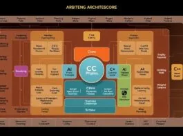 A detailed schematic diagram of a game engine architecture highlighting core components like rendering, physics, AI, and scripting, with a strong focus on **CC Performance** and "C++" prominently featured at the core.