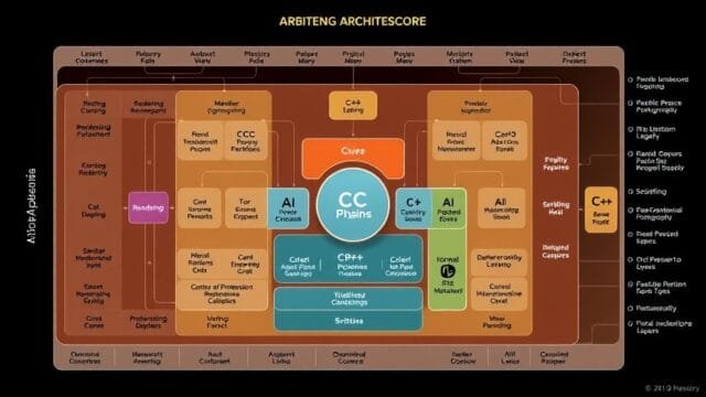 CC Performance: C/C++ Dominates Games, OS, HPC A detailed schematic diagram of a game engine architecture highlighting core components like rendering, physics, AI, and scripting, with a strong focus on **CC Performance** and "C++" prominently featured at the core.