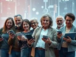 A diverse group of people of various ages holding onto their slightly older but still functional smartphones, laptops, and tablets with a sense of contentment, against a soft, futuristic tech background. The image should convey themes of longevity, value, and sustainable consumer tech holding patterns. Photorealistic style.