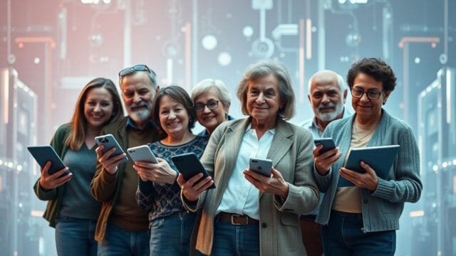 consumer tech holding patterns: The End of Rapid Upgrades A diverse group of people of various ages holding onto their slightly older but still functional smartphones, laptops, and tablets with a sense of contentment, against a soft, futuristic tech background. The image should convey themes of longevity, value, and sustainable consumer tech holding patterns. Photorealistic style.