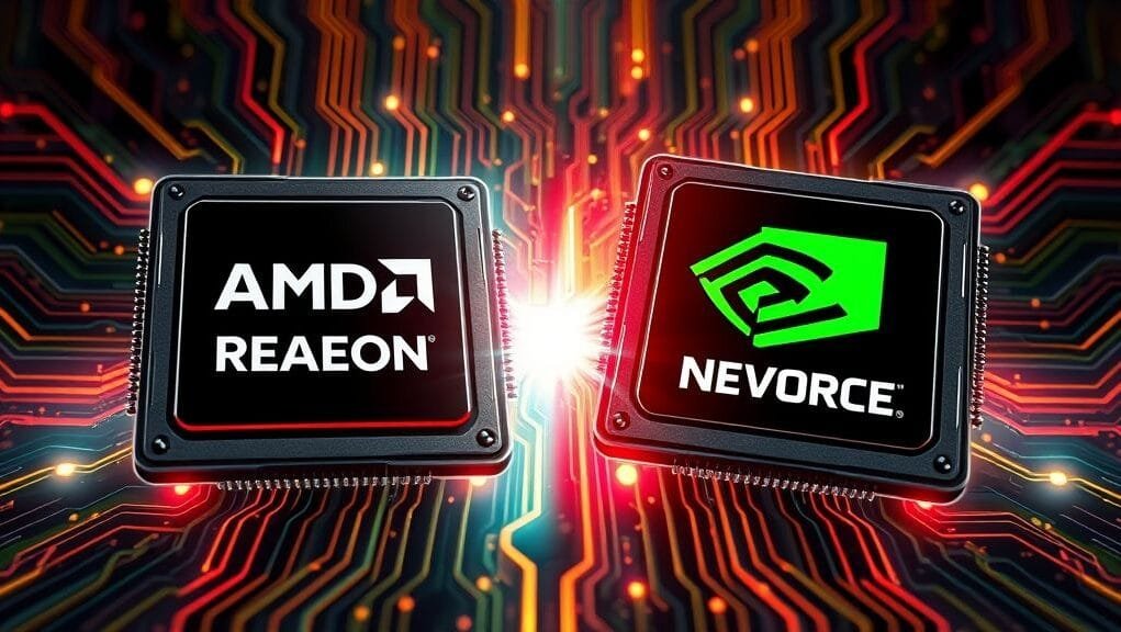 A dynamic, high-contrast digital illustration depicting a direct competition between two stylized computer chips, one with AMD's 'Radeon' branding and the other with NVIDIA's 'GeForce' branding, against a backdrop of glowing circuits. The image should convey the intensity of the 'AMD NVIDIA pricing response' in both gaming and AI markets, with elements representing data streams and computational power. Focus on bold colors and a futuristic aesthetic.