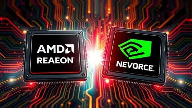 AMD NVIDIA pricing response: Gaming & AI Battle A dynamic, high-contrast digital illustration depicting a direct competition between two stylized computer chips, one with AMD's 'Radeon' branding and the other with NVIDIA's 'GeForce' branding, against a backdrop of glowing circuits. The image should convey the intensity of the 'AMD NVIDIA pricing response' in both gaming and AI markets, with elements representing data streams and computational power. Focus on bold colors and a futuristic aesthetic.