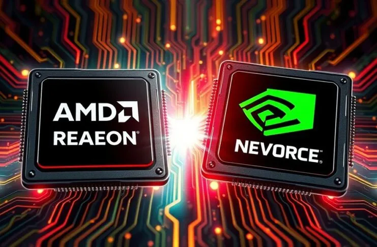 A dynamic, high-contrast digital illustration depicting a direct competition between two stylized computer chips, one with AMD's 'Radeon' branding and the other with NVIDIA's 'GeForce' branding, against a backdrop of glowing circuits. The image should convey the intensity of the 'AMD NVIDIA pricing response' in both gaming and AI markets, with elements representing data streams and computational power. Focus on bold colors and a futuristic aesthetic.