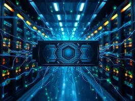 A dynamic, high-tech rendering of an NVIDIA Blackwell B200 GPU at the center of a complex neural network, with glowing blue and green data streams flowing outwards, symbolizing unprecedented AI computing power and significant Blackwell architecture performance gains. The background shows a futuristic, illuminated server environment, conveying a sense of scale and innovation.