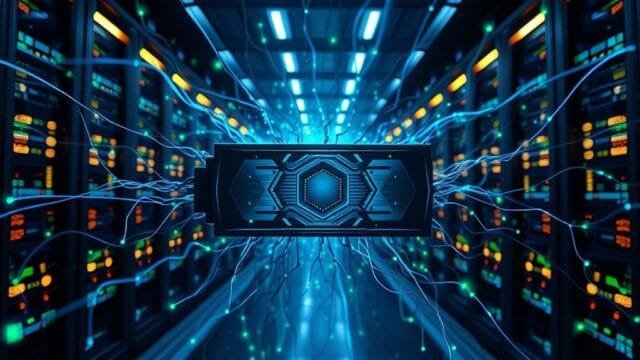 Blackwell architecture performance gains: A Deep Dive A dynamic, high-tech rendering of an NVIDIA Blackwell B200 GPU at the center of a complex neural network, with glowing blue and green data streams flowing outwards, symbolizing unprecedented AI computing power and significant Blackwell architecture performance gains. The background shows a futuristic, illuminated server environment, conveying a sense of scale and innovation.