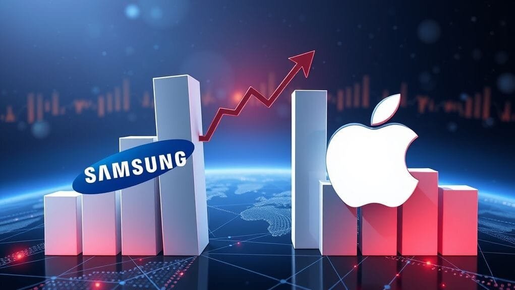 A dynamic, illustrative graphic showcasing a tug-of-war or intersecting bar charts representing Samsung and Apple logos, with an upward trend for one and a slight dip for the other, symbolizing fluctuating "Samsung Apple market share trends" over time. The background should subtly hint at a global technology landscape with network lines. A dynamic, illustrative graphic showcasing a tug-of-war or intersecting bar charts representing Samsung and Apple logos, with an upward trend for one and a slight dip for the other, symbolizing fluctuating "Samsung Apple market share trends" over time. The background should subtly hint at a global technology landscape with network lines.