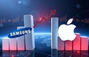 Samsung Apple market share trends: Global Dominance Shifts A dynamic, illustrative graphic showcasing a tug-of-war or intersecting bar charts representing Samsung and Apple logos, with an upward trend for one and a slight dip for the other, symbolizing fluctuating "Samsung Apple market share trends" over time. The background should subtly hint at a global technology landscape with network lines.