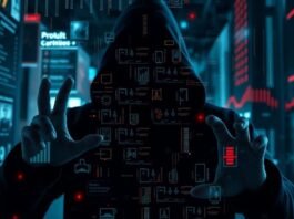 A dynamic image demonstrating how scalpers inflate market prices, depicting a shadowy figure manipulating digital interfaces to push product prices (electronics, tickets, essentials) from retail to exorbitant resale levels, leaving frustrated consumers unable to purchase.