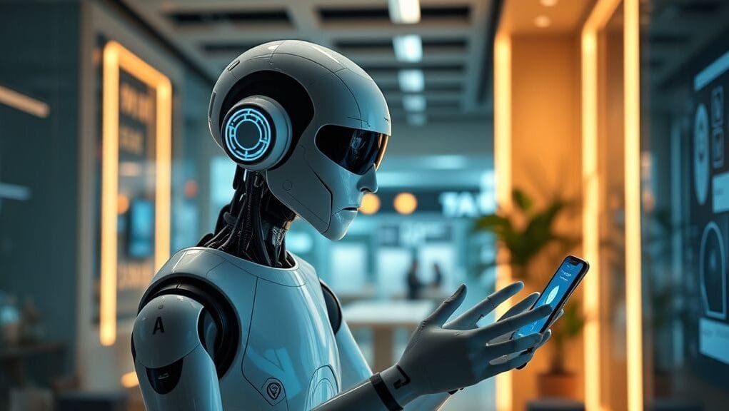 A futuristic AI assistant, showcasing Google IO 2025 AI innovations, interacting seamlessly with a user's environment, identifying objects and providing real-time information.