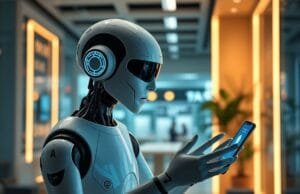 Google IO 2025 AI innovations: Ultra, Astra & Agents A futuristic AI assistant, showcasing Google IO 2025 AI innovations, interacting seamlessly with a user's environment, identifying objects and providing real-time information.