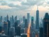 TechCrunch Disrupt key takeaways: Unpack the Future A futuristic cityscape with data streams flowing, symbolizing AI's impact on global GDP and industry growth