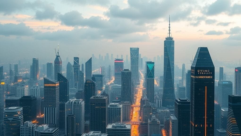 A futuristic cityscape with data streams flowing, symbolizing AI's impact on global GDP and industry growth