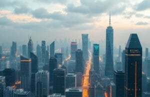 TechCrunch Disrupt key takeaways: Unpack the Future A futuristic cityscape with data streams flowing, symbolizing AI's impact on global GDP and industry growth