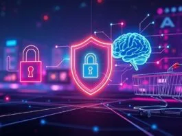 A futuristic, dynamic infographic illustrating the interconnectedness of cybersecurity (represented by a digital lock and shield), artificial intelligence (represented by a glowing brain network or data streams), and modern retail (represented by abstract shopping carts or digital storefronts). The backdrop is a vibrant, evolving "emerging tech landscape" with subtle glowing lines connecting the concepts, emphasizing innovation and challenges.