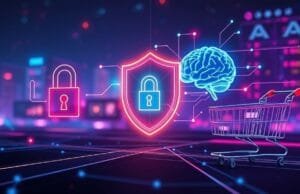 Emerging Tech Landscape: Security, AI, and Retail Trends A futuristic, dynamic infographic illustrating the interconnectedness of cybersecurity (represented by a digital lock and shield), artificial intelligence (represented by a glowing brain network or data streams), and modern retail (represented by abstract shopping carts or digital storefronts). The backdrop is a vibrant, evolving "emerging tech landscape" with subtle glowing lines connecting the concepts, emphasizing innovation and challenges.