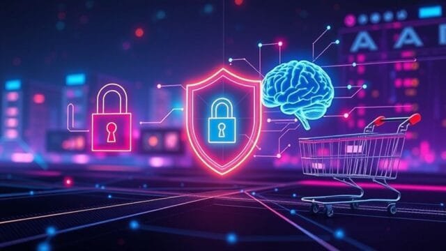 Emerging Tech Landscape: Security, AI, and Retail Trends A futuristic, dynamic infographic illustrating the interconnectedness of cybersecurity (represented by a digital lock and shield), artificial intelligence (represented by a glowing brain network or data streams), and modern retail (represented by abstract shopping carts or digital storefronts). The backdrop is a vibrant, evolving "emerging tech landscape" with subtle glowing lines connecting the concepts, emphasizing innovation and challenges.