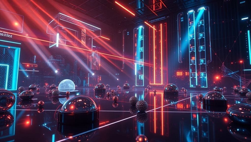 A futuristic, dynamic scene depicting intricate light rays simulating reflections, refractions, and shadows on digital objects, showcasing "Real-time ray tracing breakthroughs" in a vibrant, high-fidelity environment. Focus on glowing light paths and realistic material interactions.