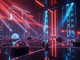 A futuristic, dynamic scene depicting intricate light rays simulating reflections, refractions, and shadows on digital objects, showcasing "Real-time ray tracing breakthroughs" in a vibrant, high-fidelity environment. Focus on glowing light paths and realistic material interactions.